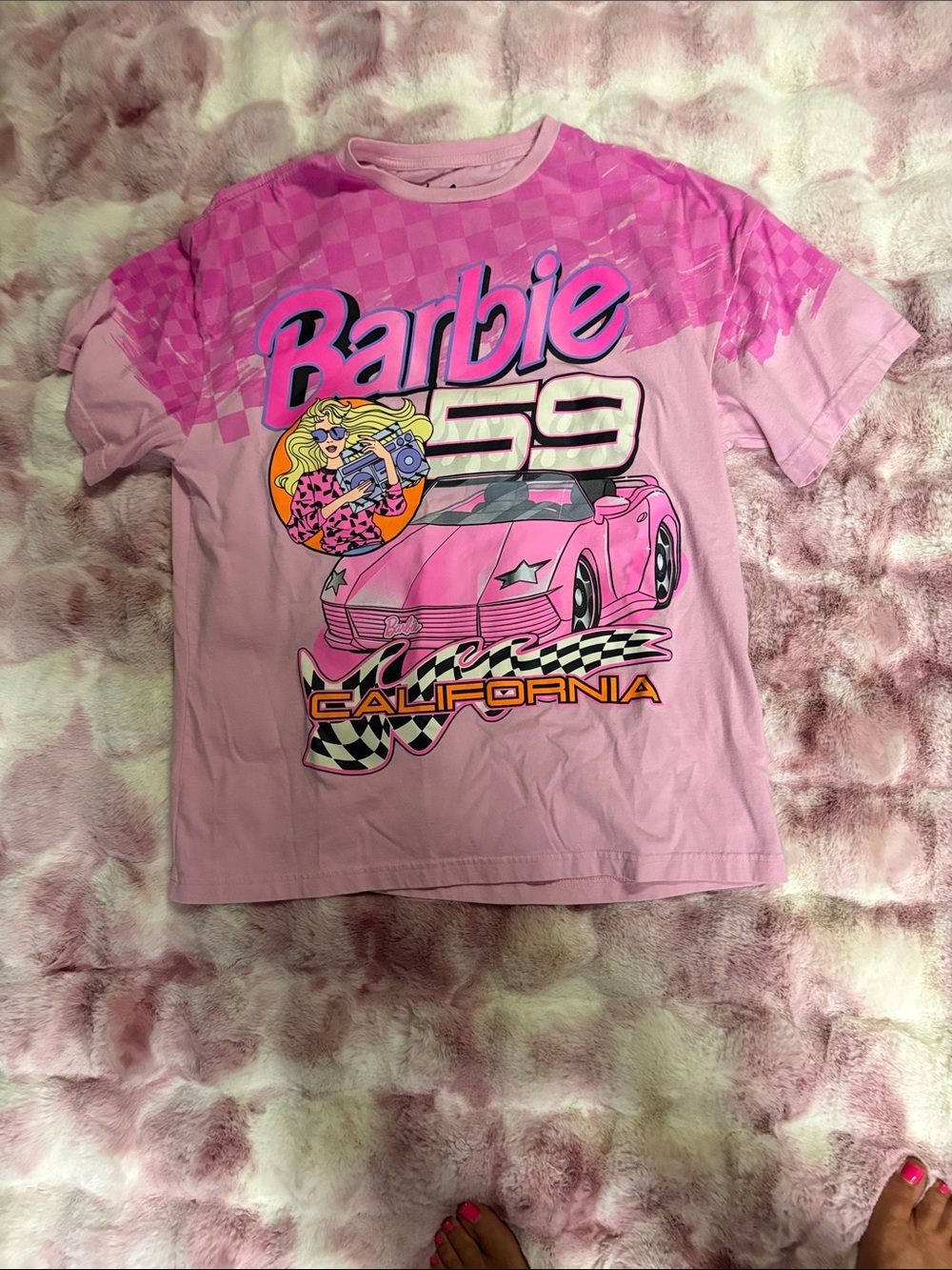 Barbie Pink Graphic Racing Tee with Car Motif